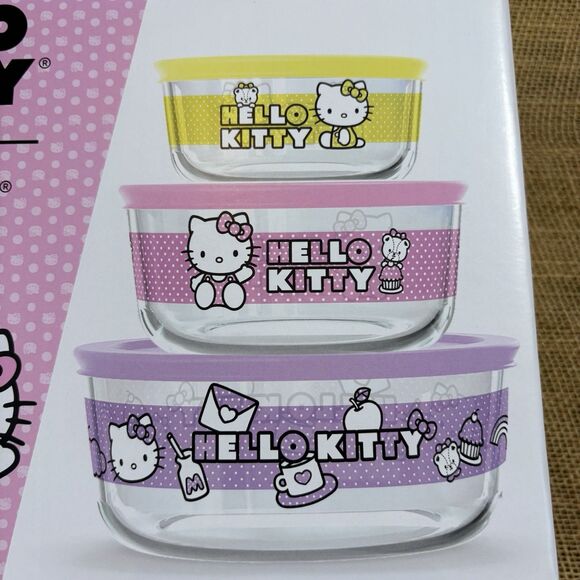 HELLO KITTY Set of 3 PYREX Bowls with Lids - PASTELS "GOTTA HAVE IT" NIB - Picture 2 of 6